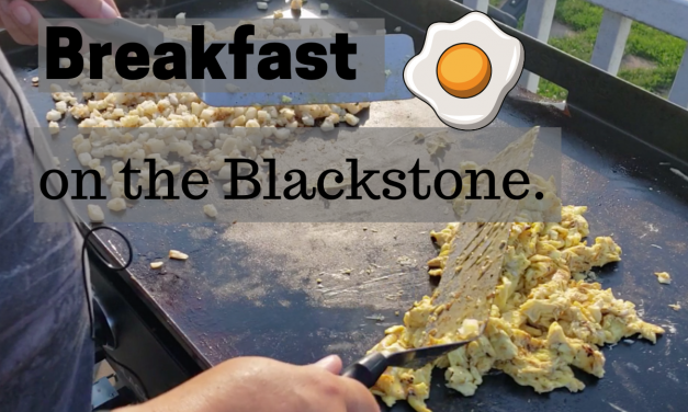 Breakfast with eggs, bacon, hash browns and sausage on the Blackstone griddle