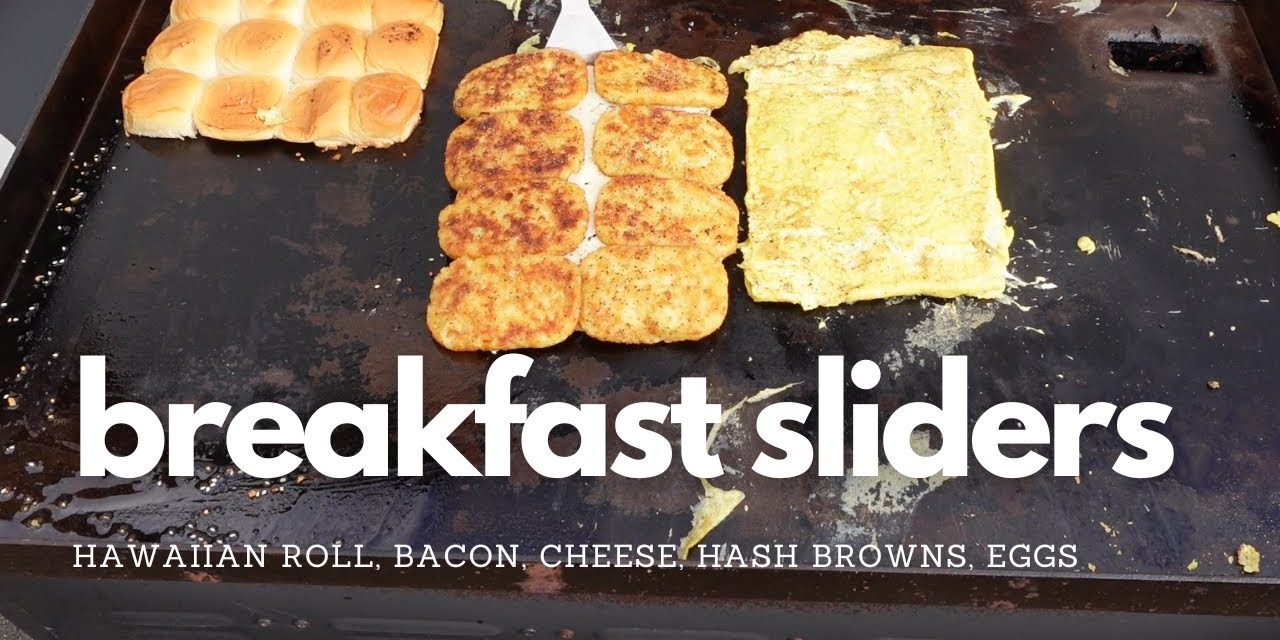 Breakfast Sliders with bacon, cheese, hash browns, eggs and topped with everything bagel!