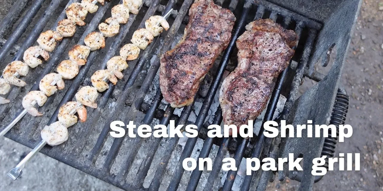 Cooking Steak and Shrimp on a Park Grill